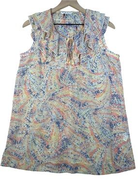 CAbi Multi Color Ruffle Tie Neck Top Blouse Style 837 Sz Medium Boho Sleeveless